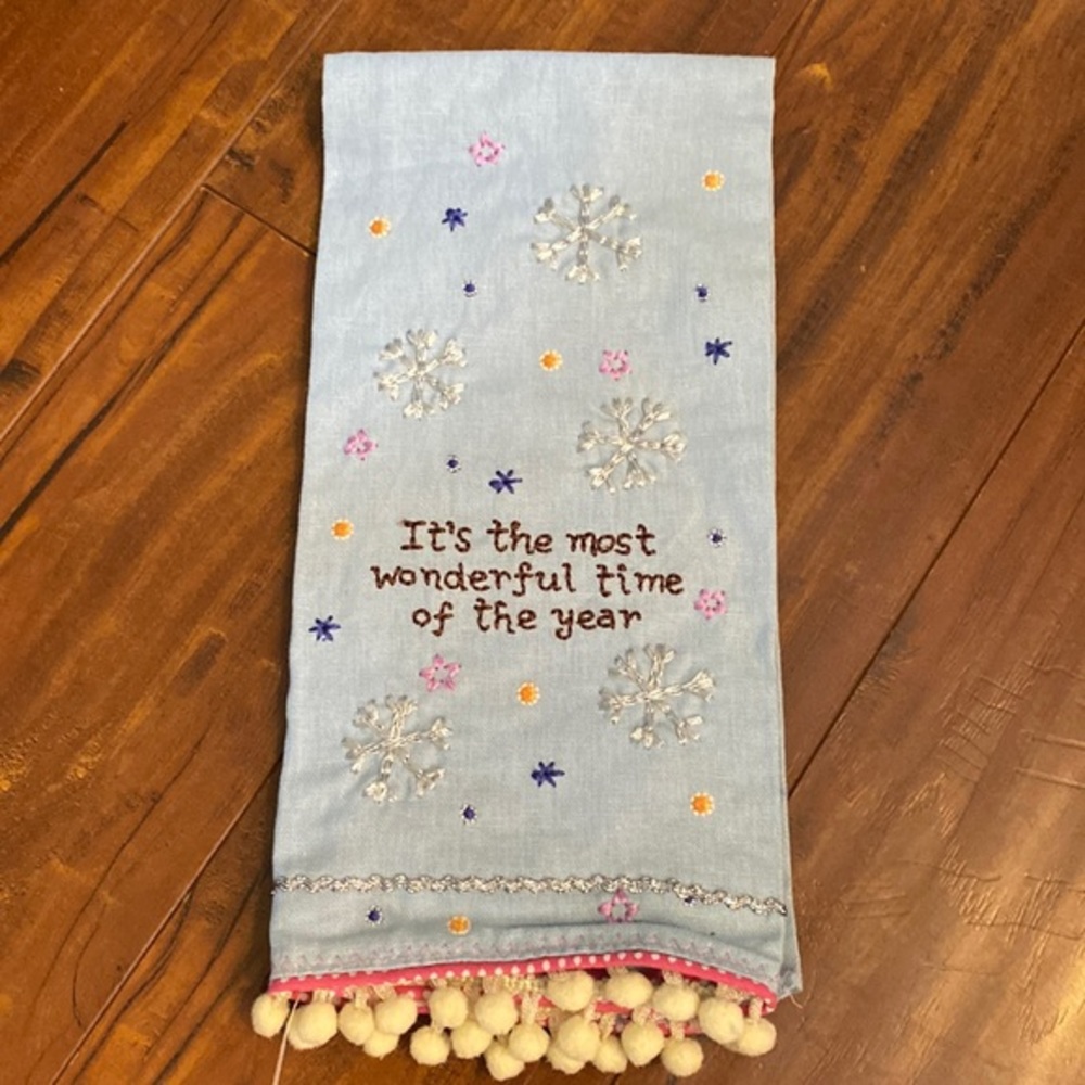 Natural Life Snowflake PomPom linen‎ blend embroidered dish towel